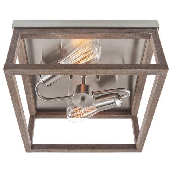 Boswell Quarter 12-1/2 in. 2-Light Brushed Nickel Farmhouse Flush Mount with Painted Weathered Gray Wood Accents