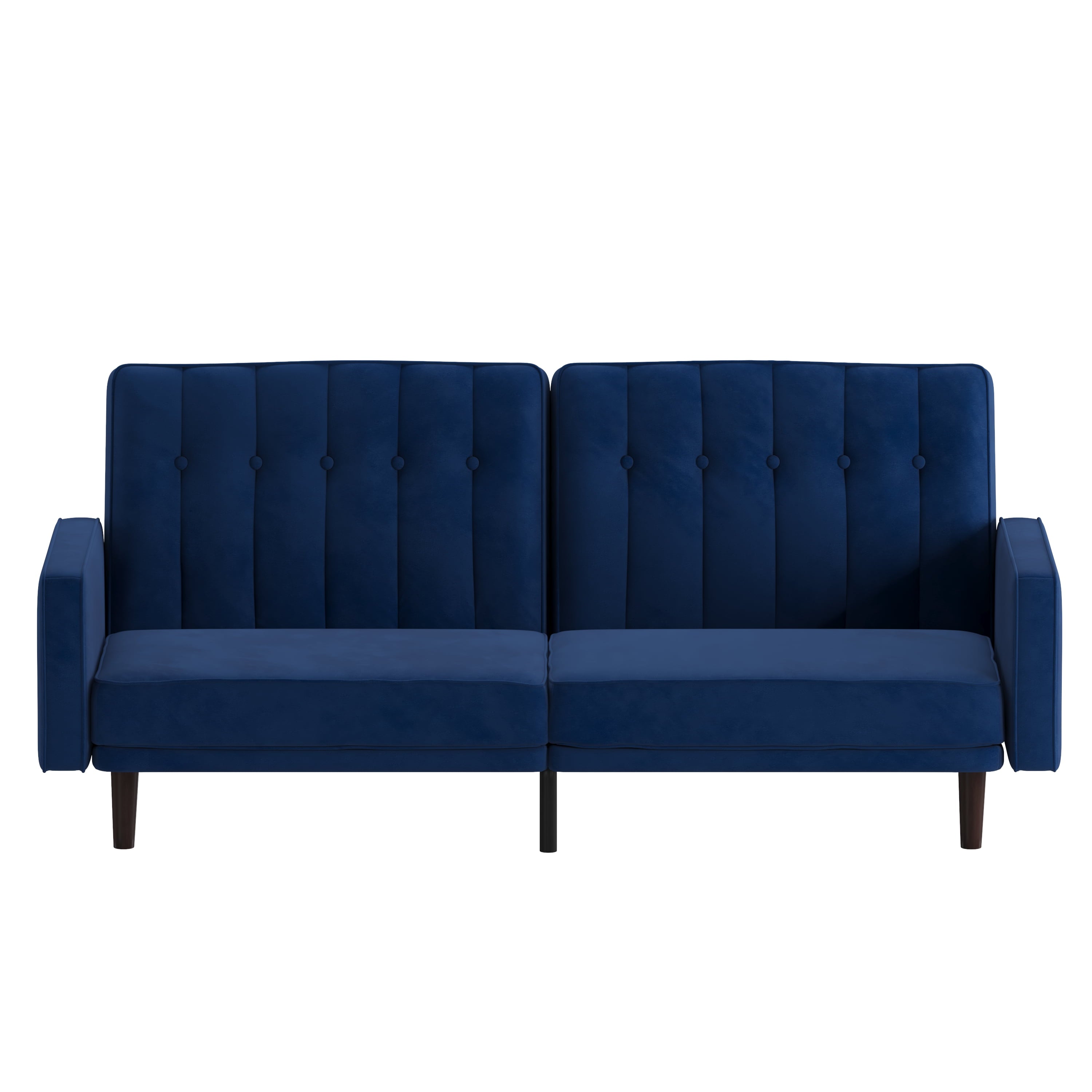 Emma + Oliver Plush Padded Velvet Upholstered Split Back Sofa Futon with Vertical Channel Tufting and Wooden Legs in Navy