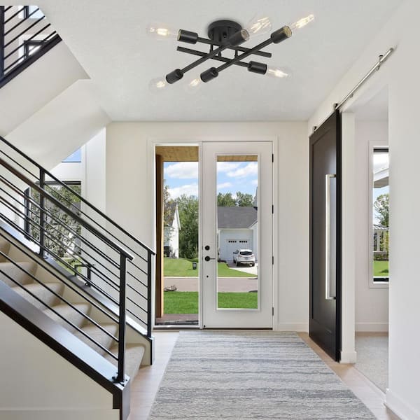 18.9 in. 6-Light Black Sputnik Linear Semi- Flush Mount Ceiling Light Fixture