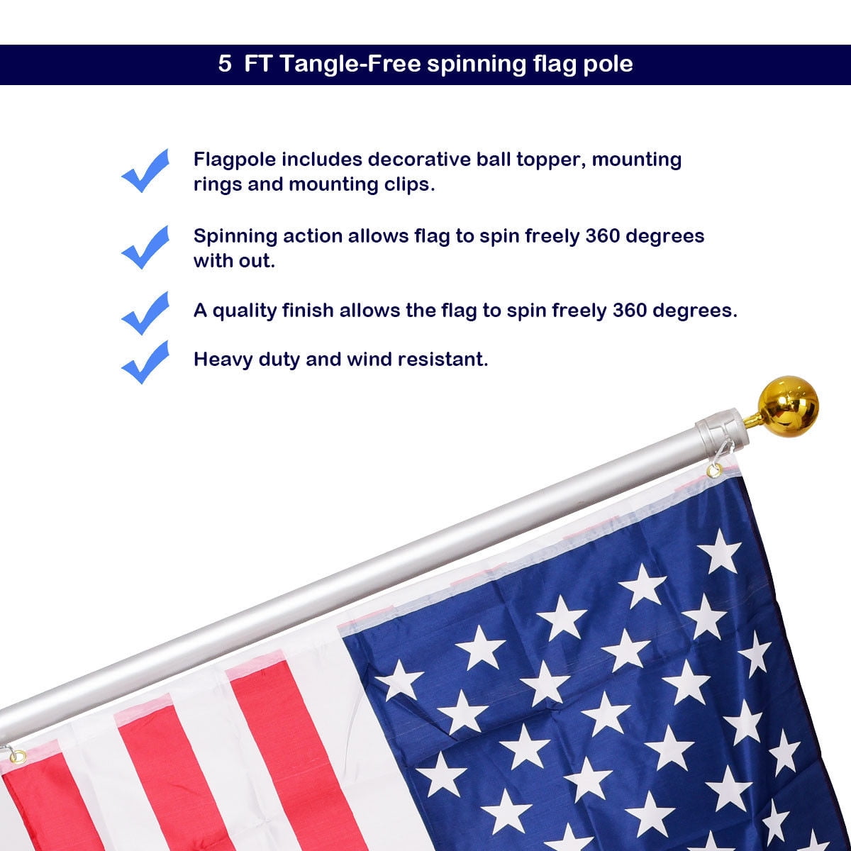 Costway American Flag Kit Wall Mount 5 Ft Spinning pole 3'x5' US Flag Gold Ball Aluminum