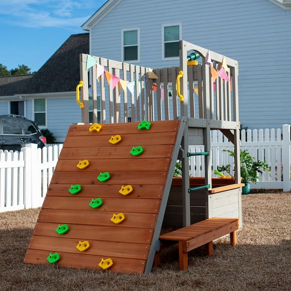 Lookout Post Outdoor Wooden Playhouse, Buildable Kids Backyard Playset with Climbing Ramp