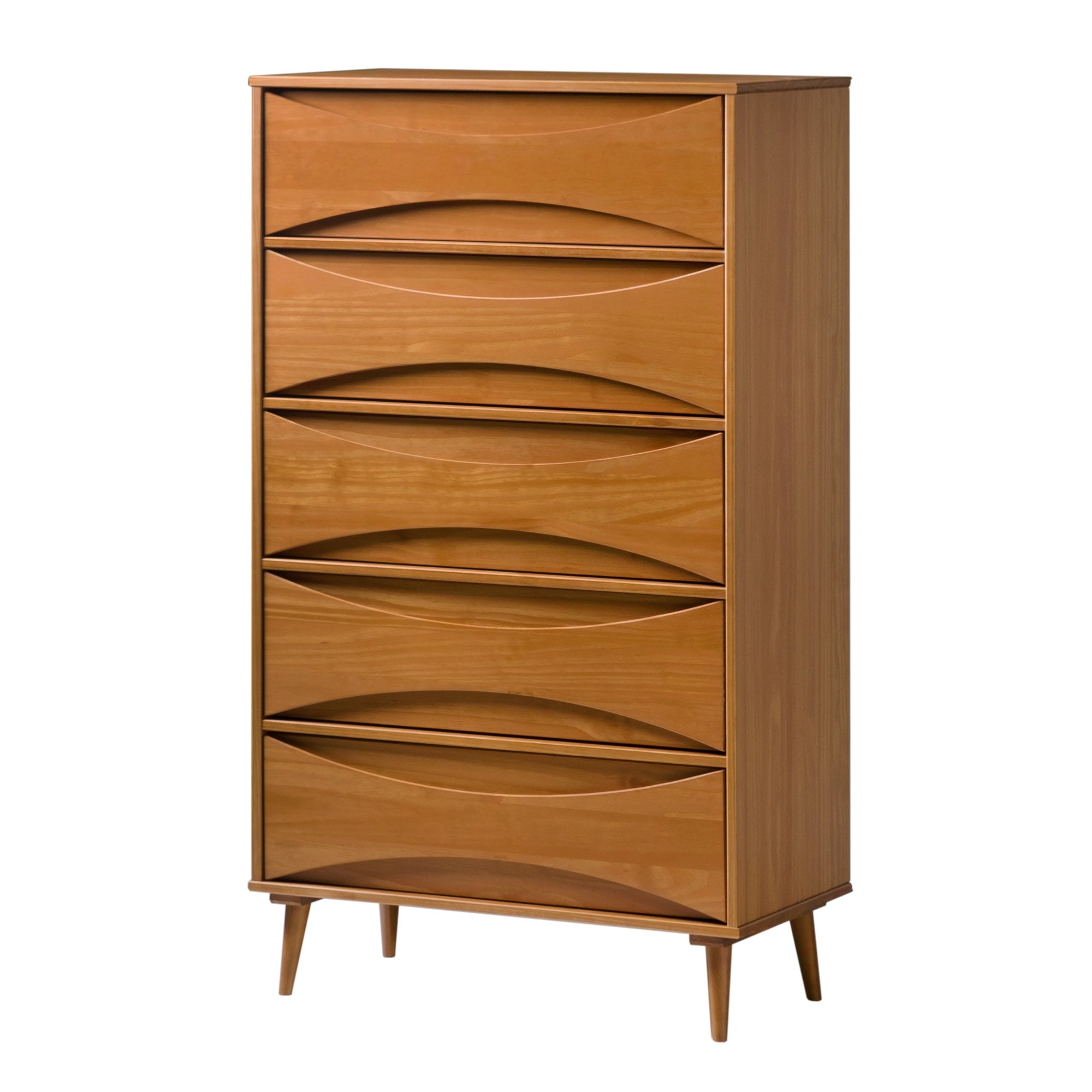 Walker Edison 30” Mid-Century Modern Curved Front 5-Drawer Dresser, Caramel