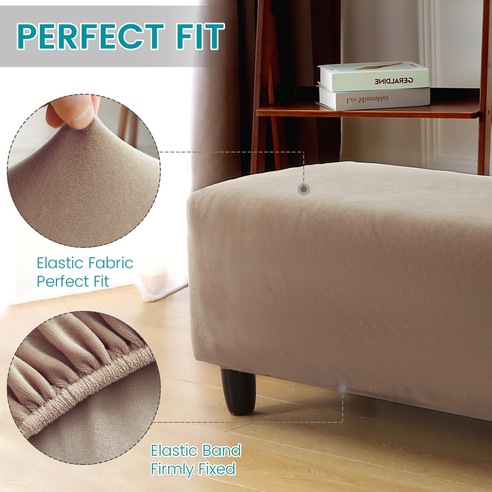 CJC Velvet Ottoman Cover, Stretch Storage Ottoman Slipcover, Rectangle Footstool Furniture Protector, L/XL, 10 Colors