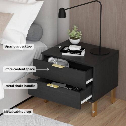 Wooden Nightstand Bedside Table With 4 Metal Legs 2-Drawer Black