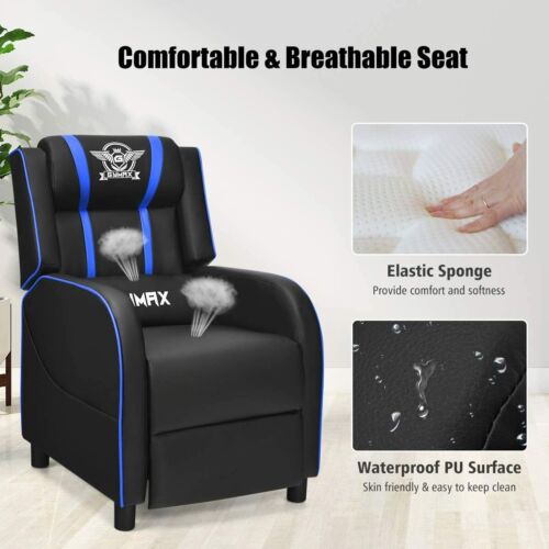 Gaming Chair Recliner Massage PU Leather Control Adjustable Side Pouch Blue