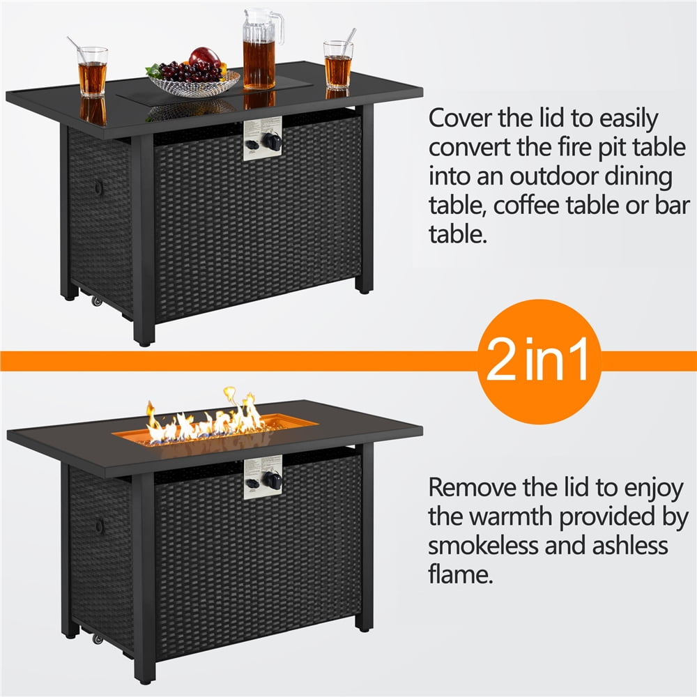 Topeakmart 43'' Propane Fire Pit Table with Tempered Glass Tabletop 50,000 BTU, Black