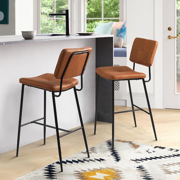 Independence 29 in. Brown Low Back Upholstered Metal Frame High Bar stool with Pu Seat (Set of 2)