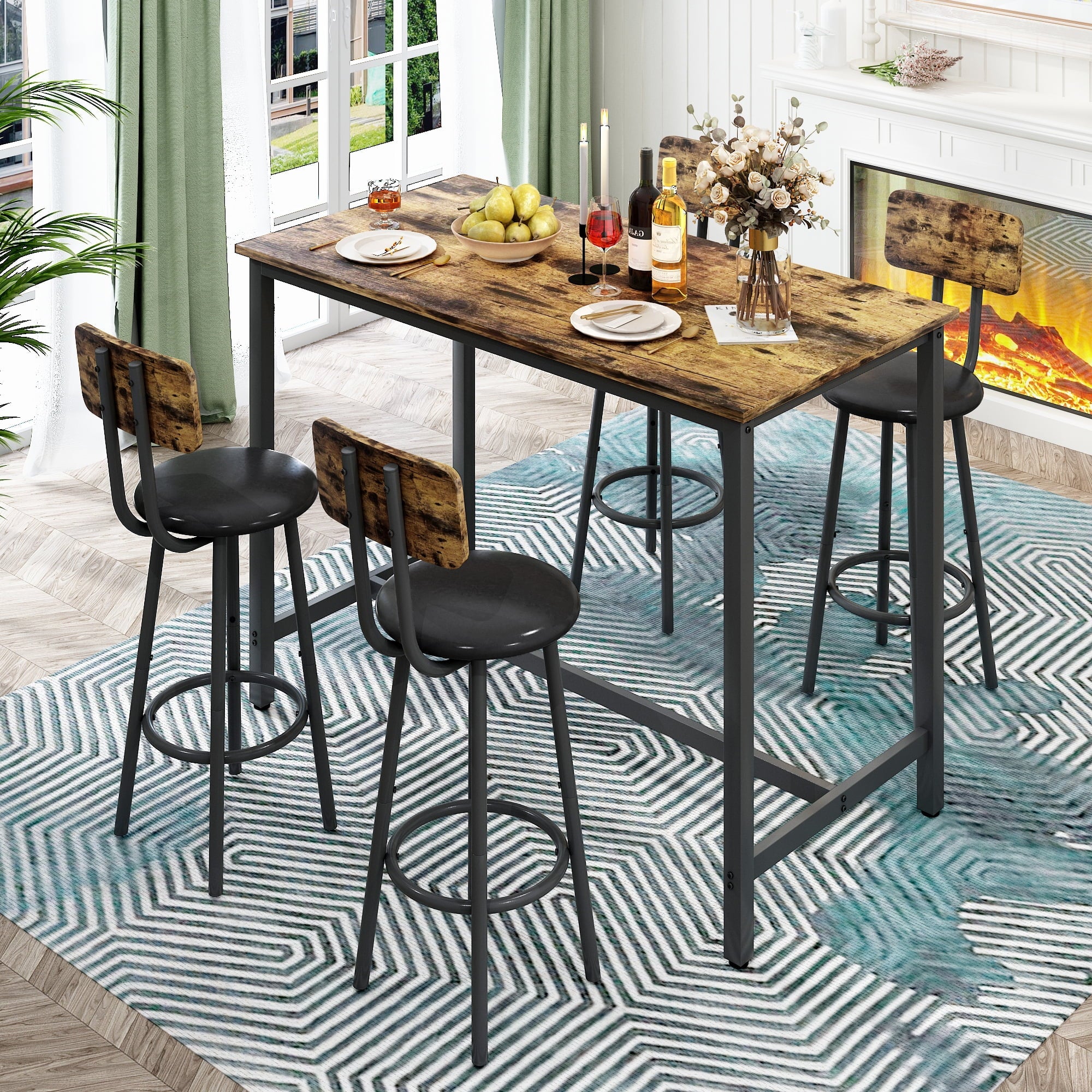 SYNGAR 5 Piece Bar Table Set, Modern Counter Height Dining Set, Home Dining Table and Chairs Set for 4, Kitchen Breakfast Table Set with 4 Cushioned Stools, Bistro Pub Table Set, Rustic Brown