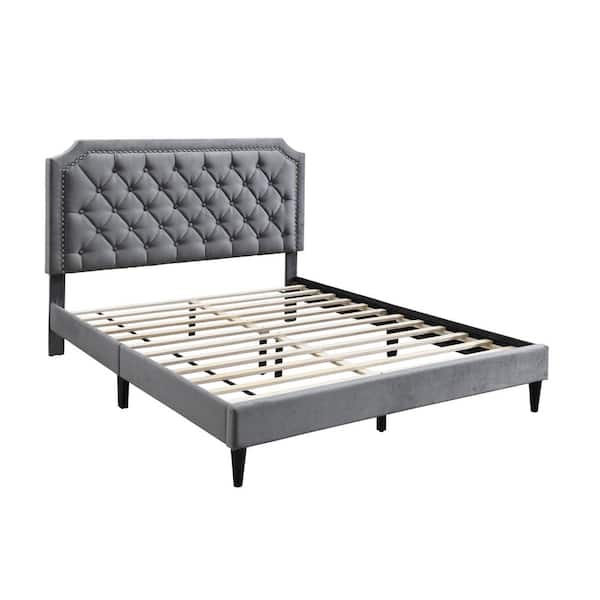 Ava Charcoal Gray Velvet Upholstered Frame, King Platform Bed with Clipped-Edges, Button Tufts and Nailhead Trim