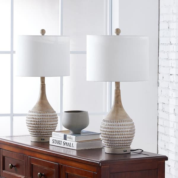 Salem 24 .75 in. Wood Brown Table Lamp Set with USB (Set of 2)