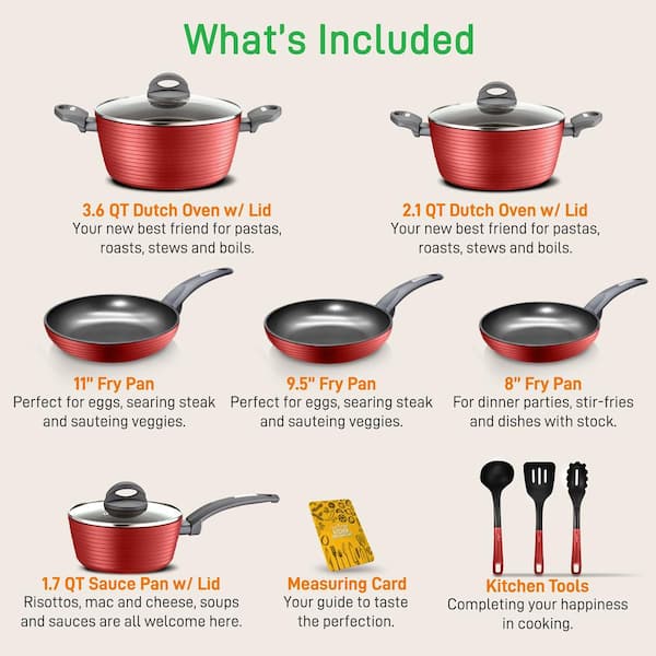 12-Piece Reinforced Forged Aluminum Non-Stick Cookware Set in Red