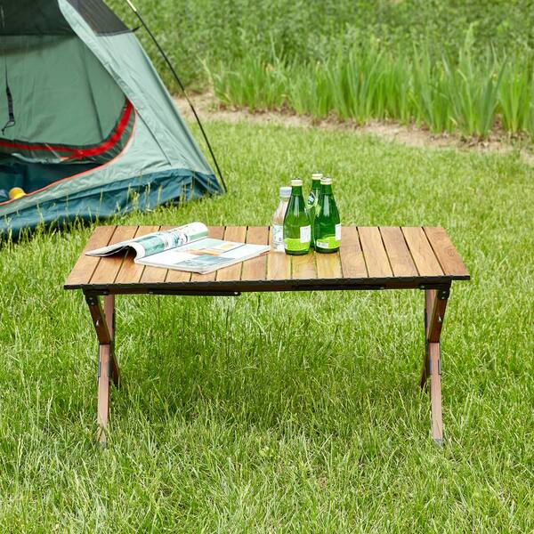 37 in. L Brown Rectangular Outdoor Lightweight Aluminum Roll-Up Folding Camping Table for Picnics, BBQ (1-Pack)