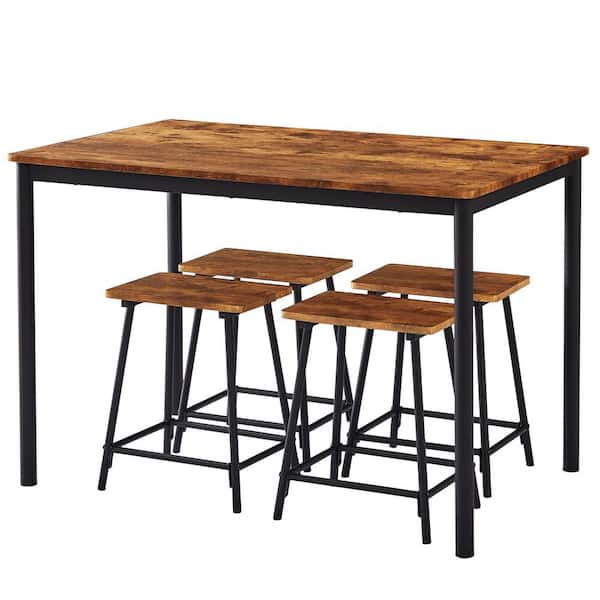 5-Piece Dining Table Set for 4-6 Persons Rectangular Bar Dinette Metal and Wood Kitchen Furniture with 4-Stools, Brown