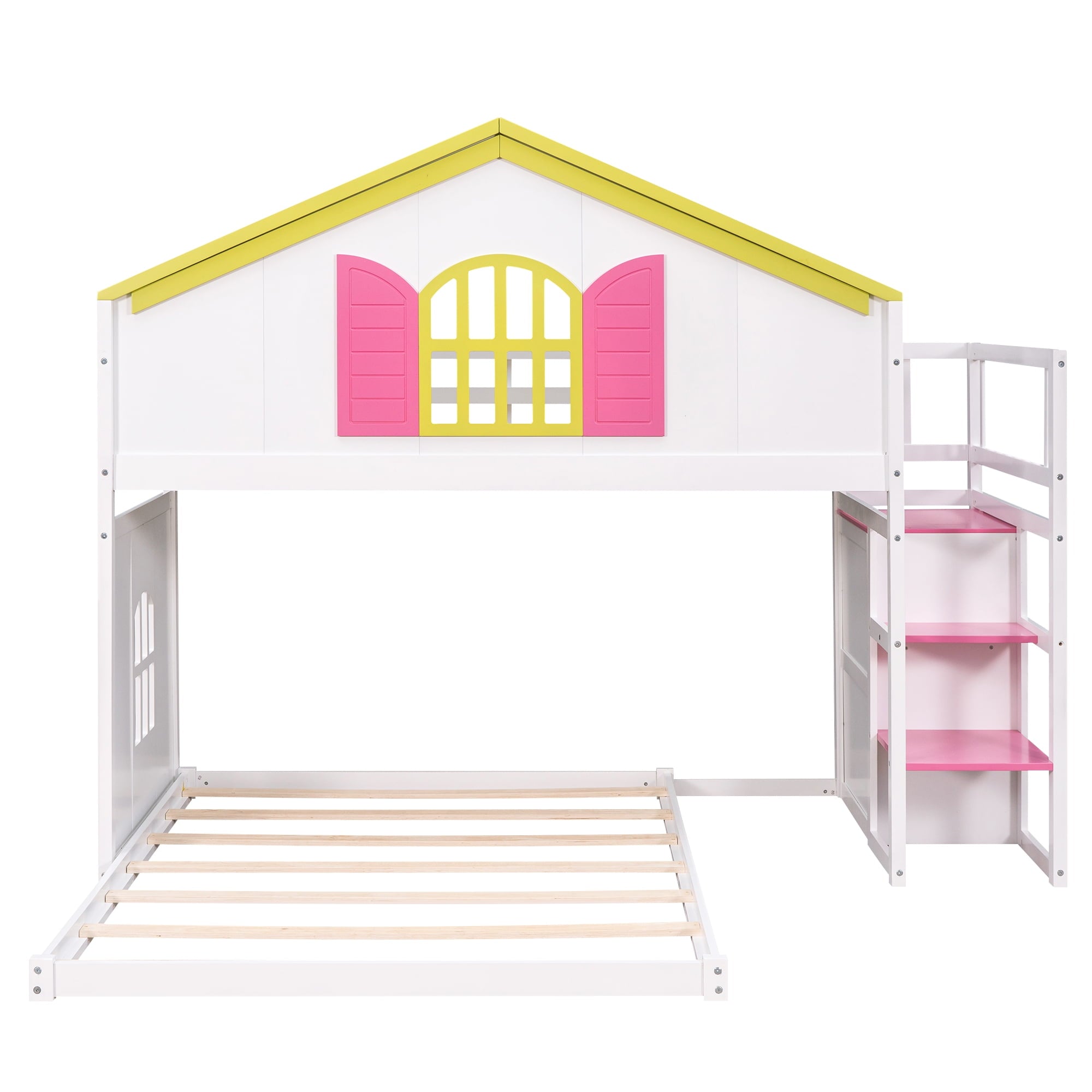 Leadzm Twin over Full House Bunk Bed with Pink Staircase and Drawer, Shelves Under the Staircase, House Shaped Bed with Windows, White