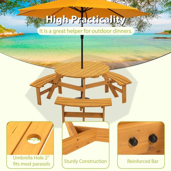 35 in. Brown Round Circular Solid Wood Picnic Table Seats 6-People with Umbrella Hole