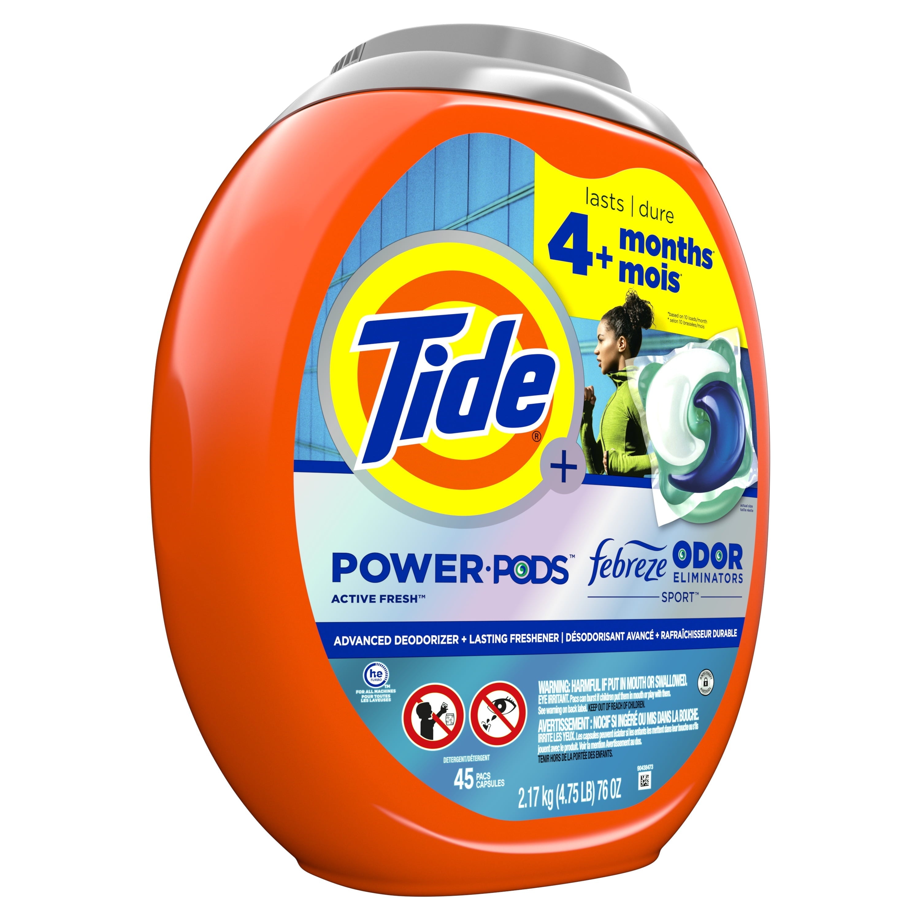 Tide Power Pods Laundry Detergent Soap Packs with Febreze, Sport Odor Defense, 45 Ct
