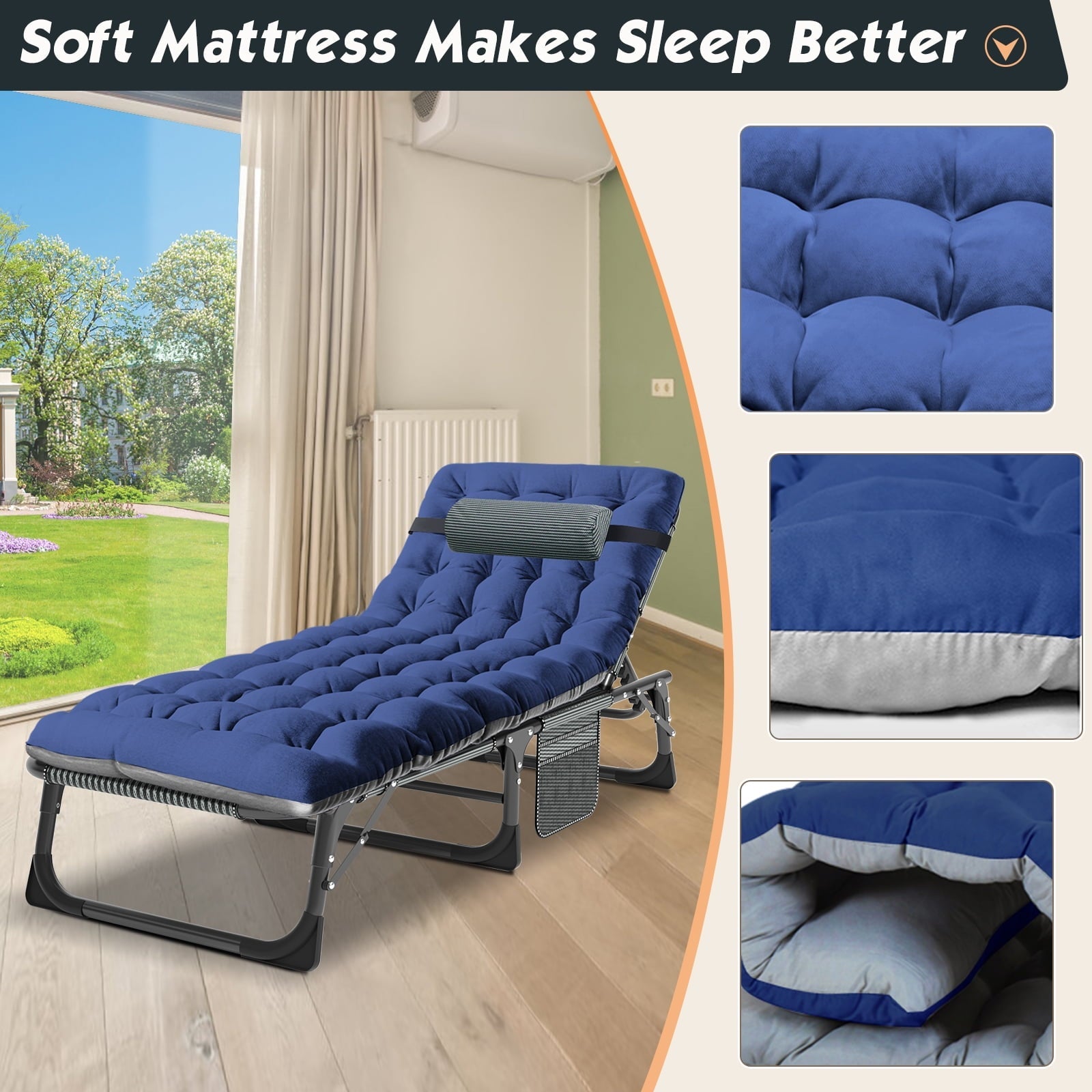 NAIZEA Folding Camping Cot, Portable Folding Lounge Chair, with Mattress and Pillow, Adjustable in Four Positions