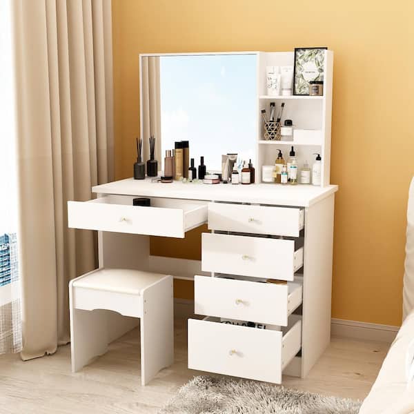 5-Drawers White Wood Makeup Vanity Sets Dressing Table Sets with Big Mirror, Stool and 3-Tier Storage Shelves