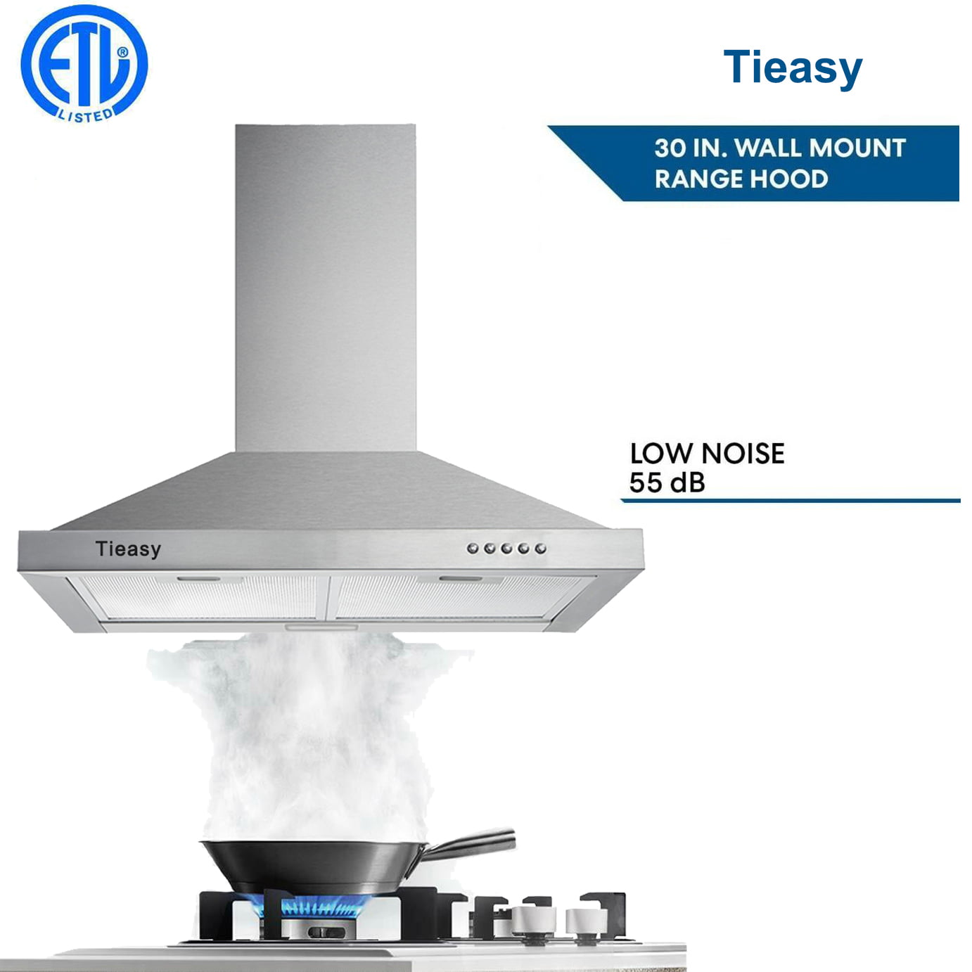 Wall Mount Range hood 30 inch Stainless Steel Stove Vent Hood with 3 Speed Kitchen Exhaust Fan