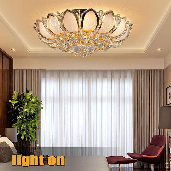 23 in. 7-Light Modern Gold Lotus Flower Shape Flush Mount Ceiling Lamp with Remote Control
