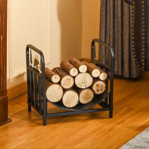 17 in. Curved Firewood Rack Holder with Bear and Pine Tree Design, Log Storage Rack with Handle