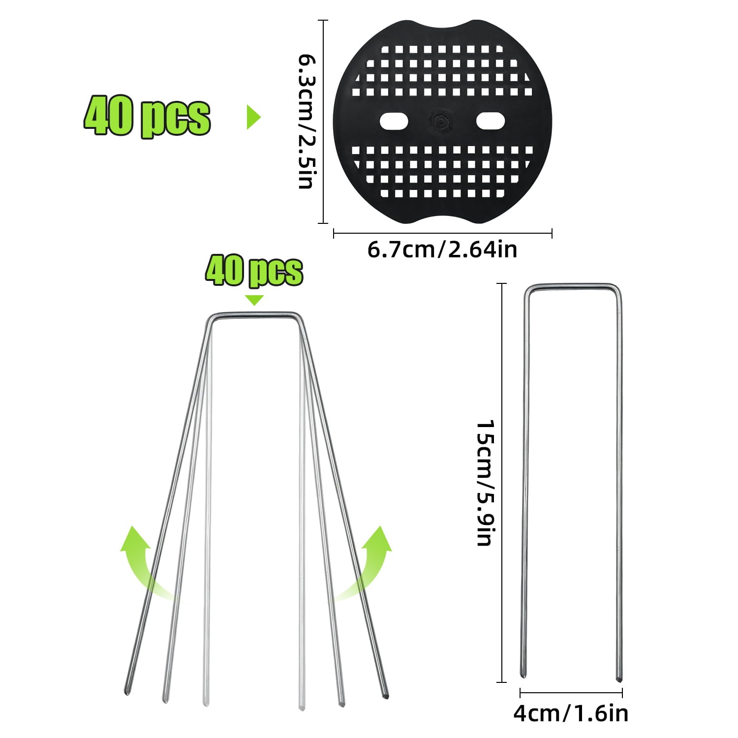 40 Pack 6 Inch Landscape Staples & 40pcs Fixing Gasket Sets, Garden Stakes Galvanized Steel Fabric Pins Heavy-Duty U Shape Sod Turf Pins for Ground Weed Fabric Barrier, Orchard, Yard, Tents