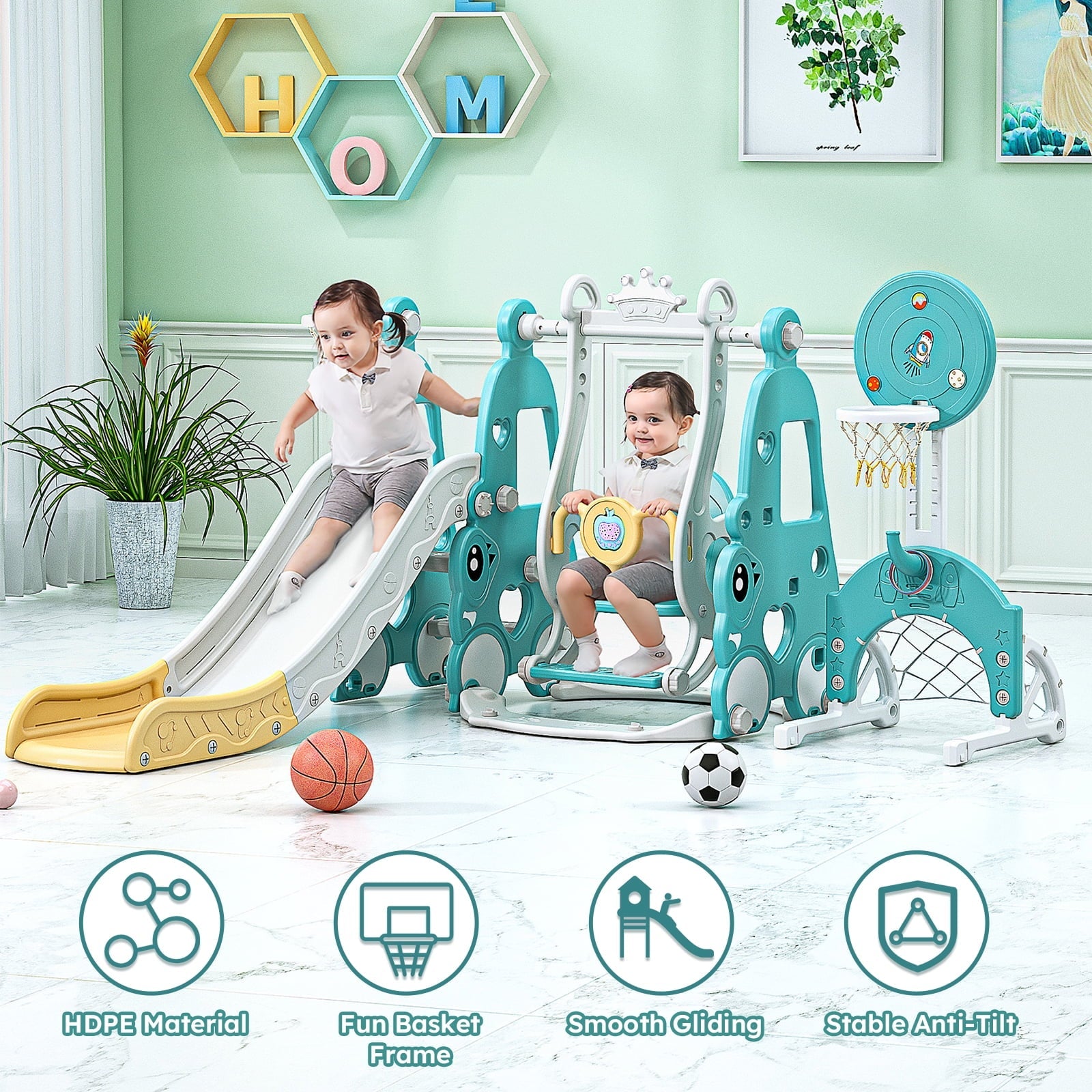 Leavader Kids' Playground Equipment Set - Slide, Swing, Basketball and Soccer Stand Combo