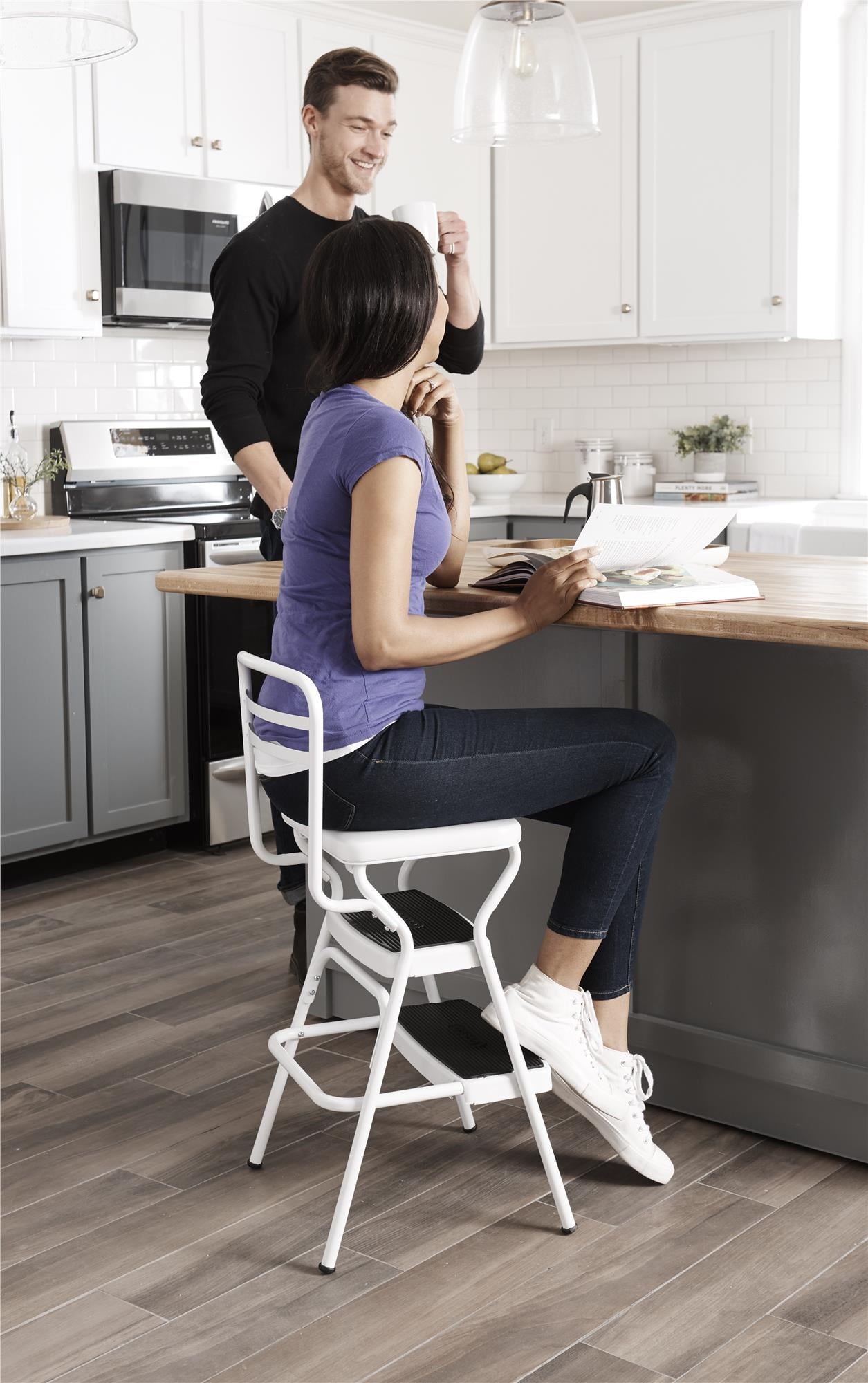 COSCO Stylaire Retro Chair + Step Stool with flip-up seat (white, one pack)