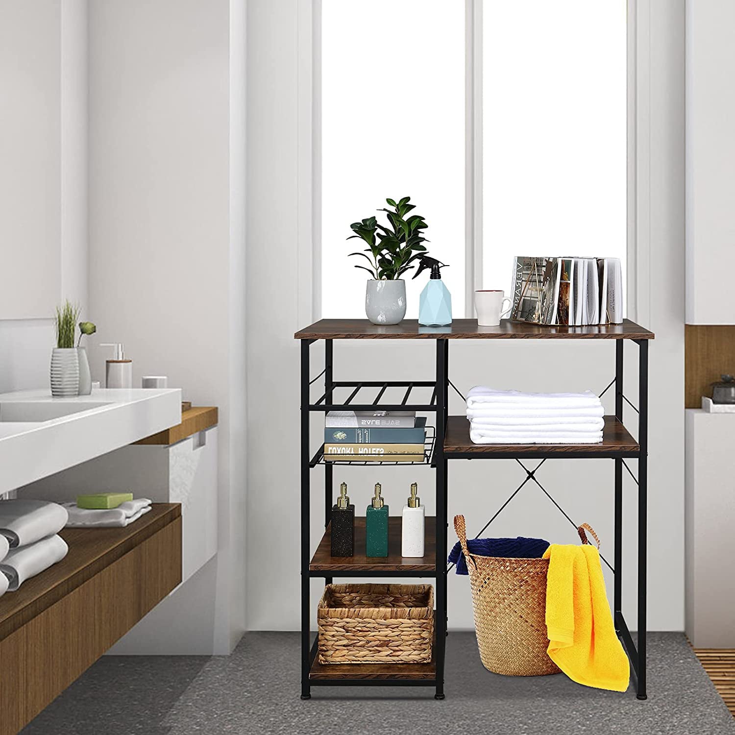 Microwave Stand 4-Tiers Kitchen Storage Fit Mini Fridge Baker¡¯s Rack Shelving Utility Coffee Bar with Big Drawer Wine Rack Metal Frame Industrial Workstation Organizer Kitchen Decor