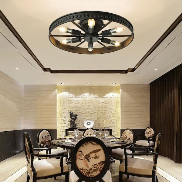 18 in. 6-Light Black Industrial Wagon Wheel Rustic Flush Mount Ceiling Light
