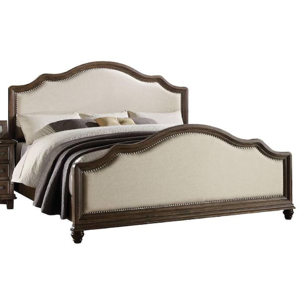 Baudouin Beige Linen and Weathered Oak Queen Size Panel Bed