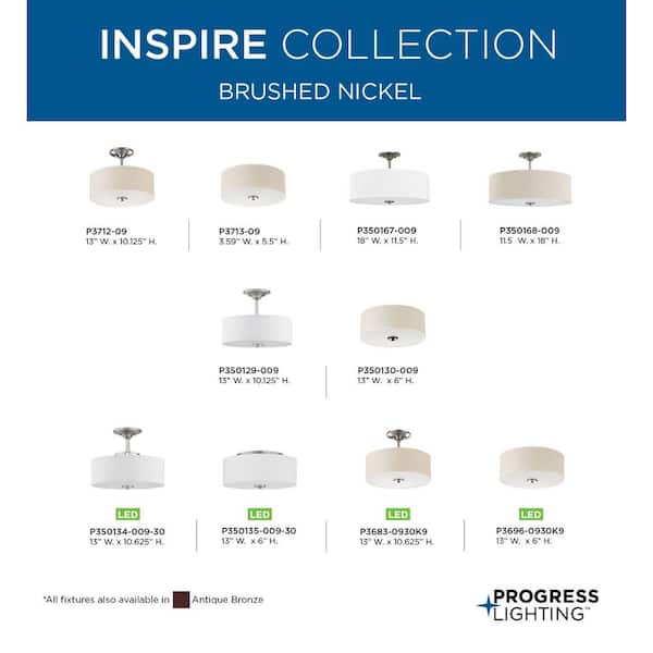 Inspire Collection 13 in. 2-Light Brushed Nickel Transitional Kitchen Ceiling Light Drum Flush Mount
