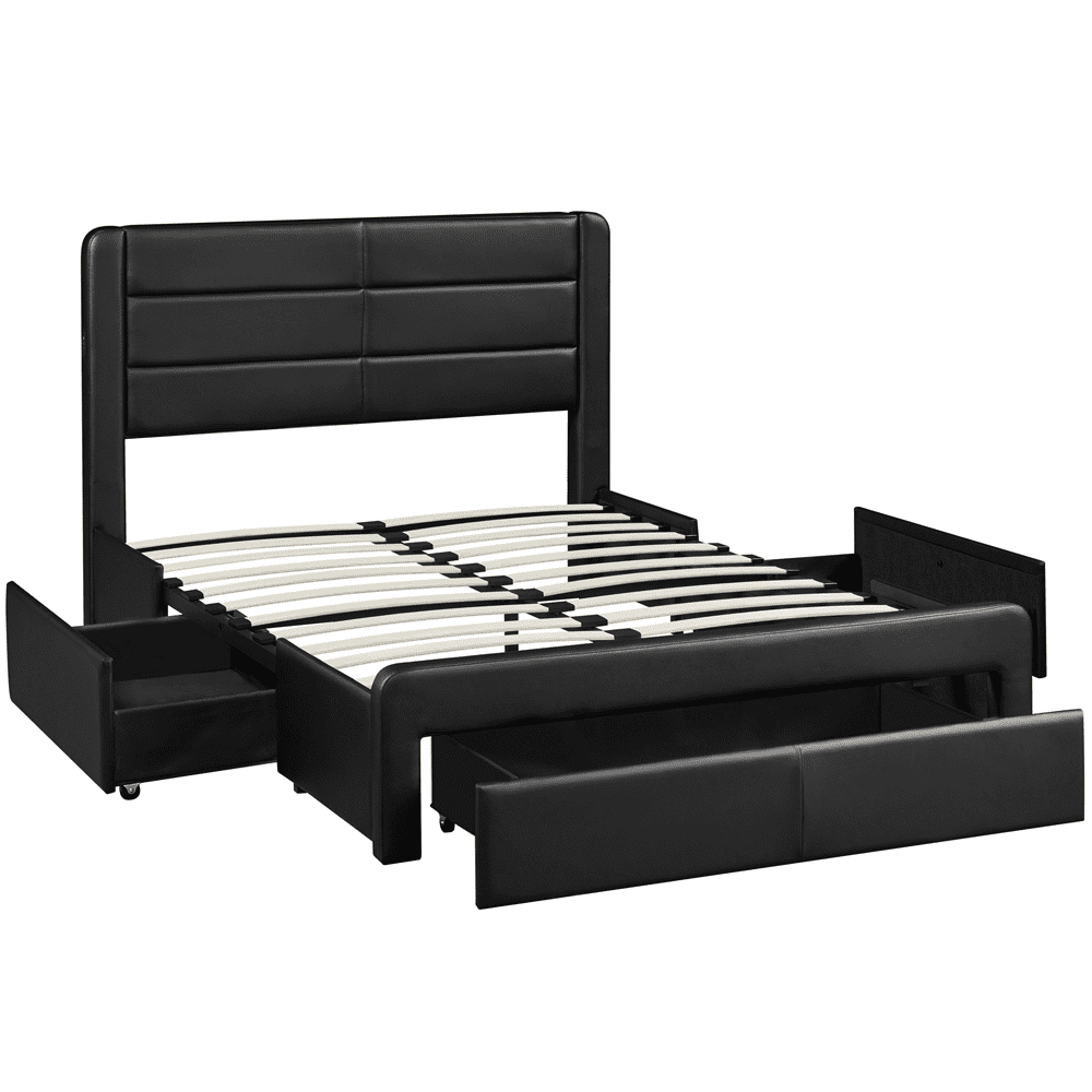 Easyfashion Upholstered Platform Queen Bed with 3 Storage Drawers and Built-in USB Ports, Black