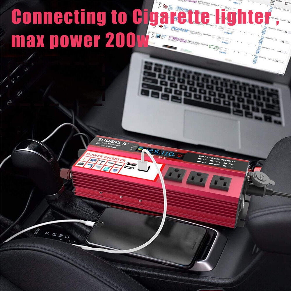 1000W Power Inverter Car Converter Adapter, 500W DC 12V to AC 110V Pure Sine Wave Solar Converter