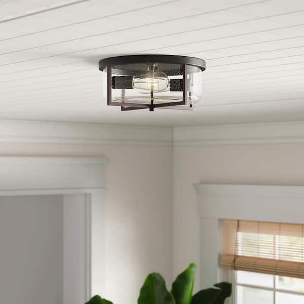 11.8 in. 2-Light Farmhouse Flush Mount Ceiling Light Fixture with Seeded Glass Shade