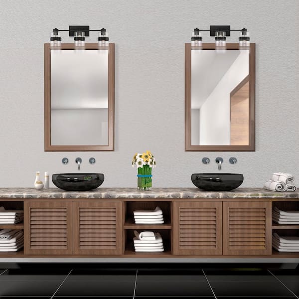 Midnight LA 24.75 in. 3-Light Matte Black Modern Vanity with Clear Glass Dual Shades
