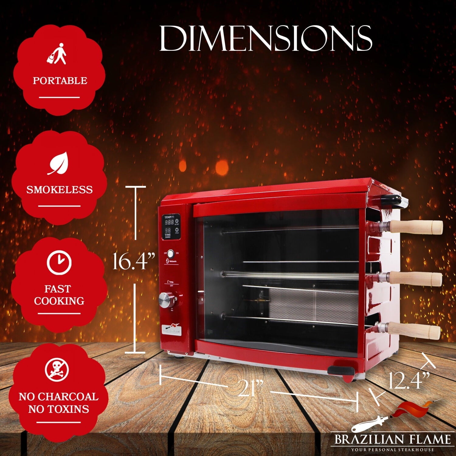 Brazilian Flame Brazilian Gas Rotisserie Grill with 3 Skewers in Red