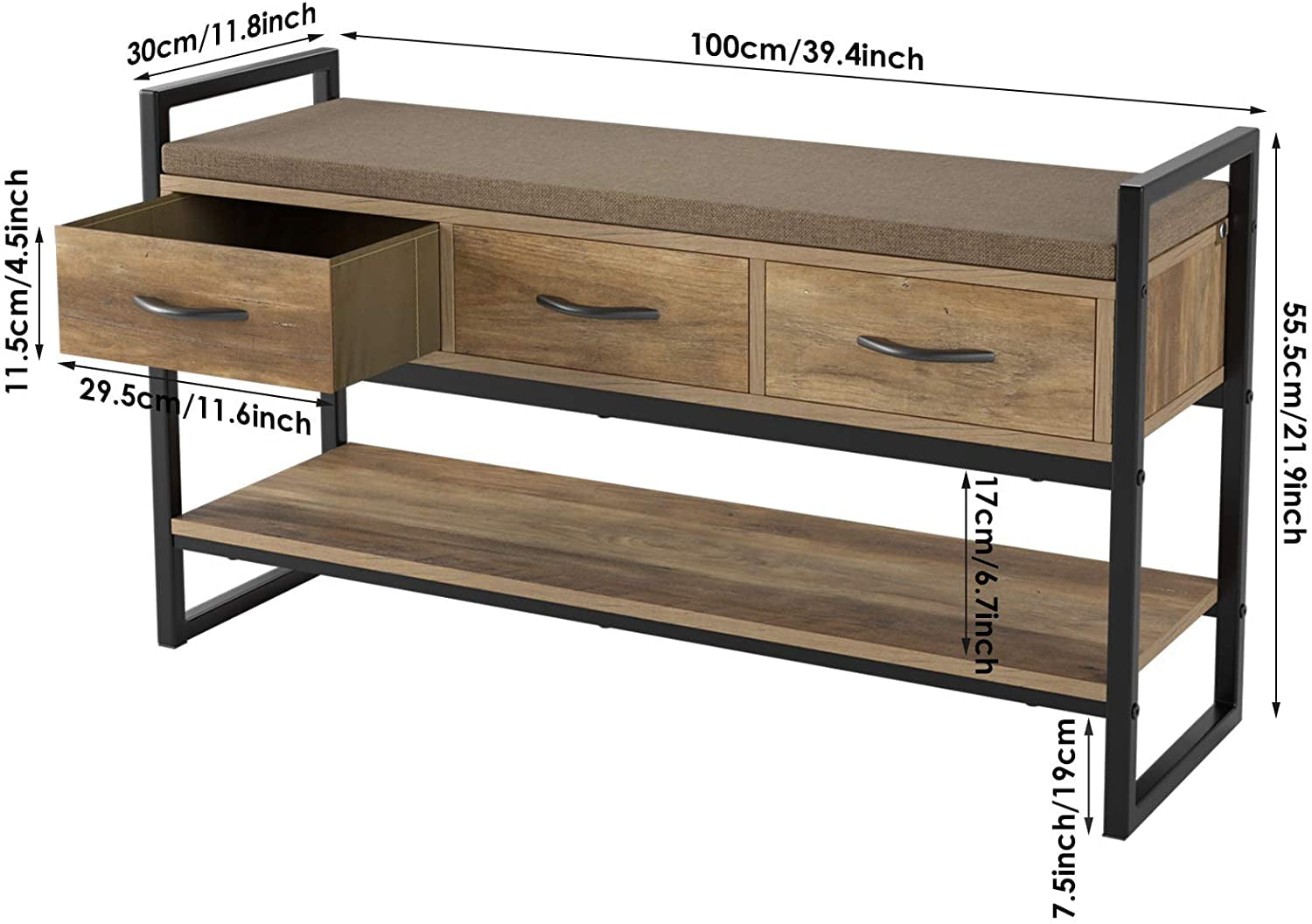 Homfa Entryway Shoe Bench, 2-tier Wood Entryway Shoes Rack with Padded Seat, 5-7 Pair of Shoes, Rustic Brown