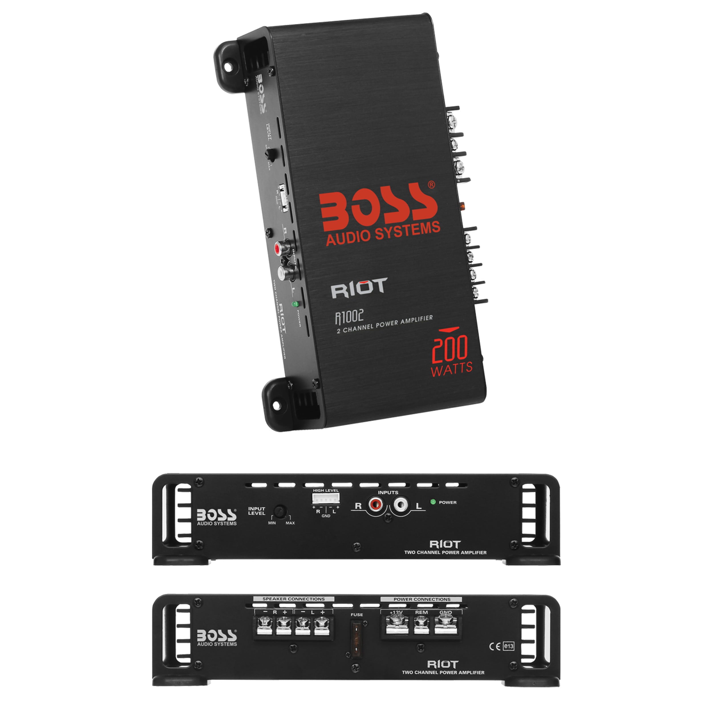 BOSS Audio Systems R1002 Riot Series Car Audio Stereo Amplifier - 200 High Output, 2 Channel, Class A/B, 2/4 Ohm Stable, Low/High Level Inputs, Full Range, Subwoofer