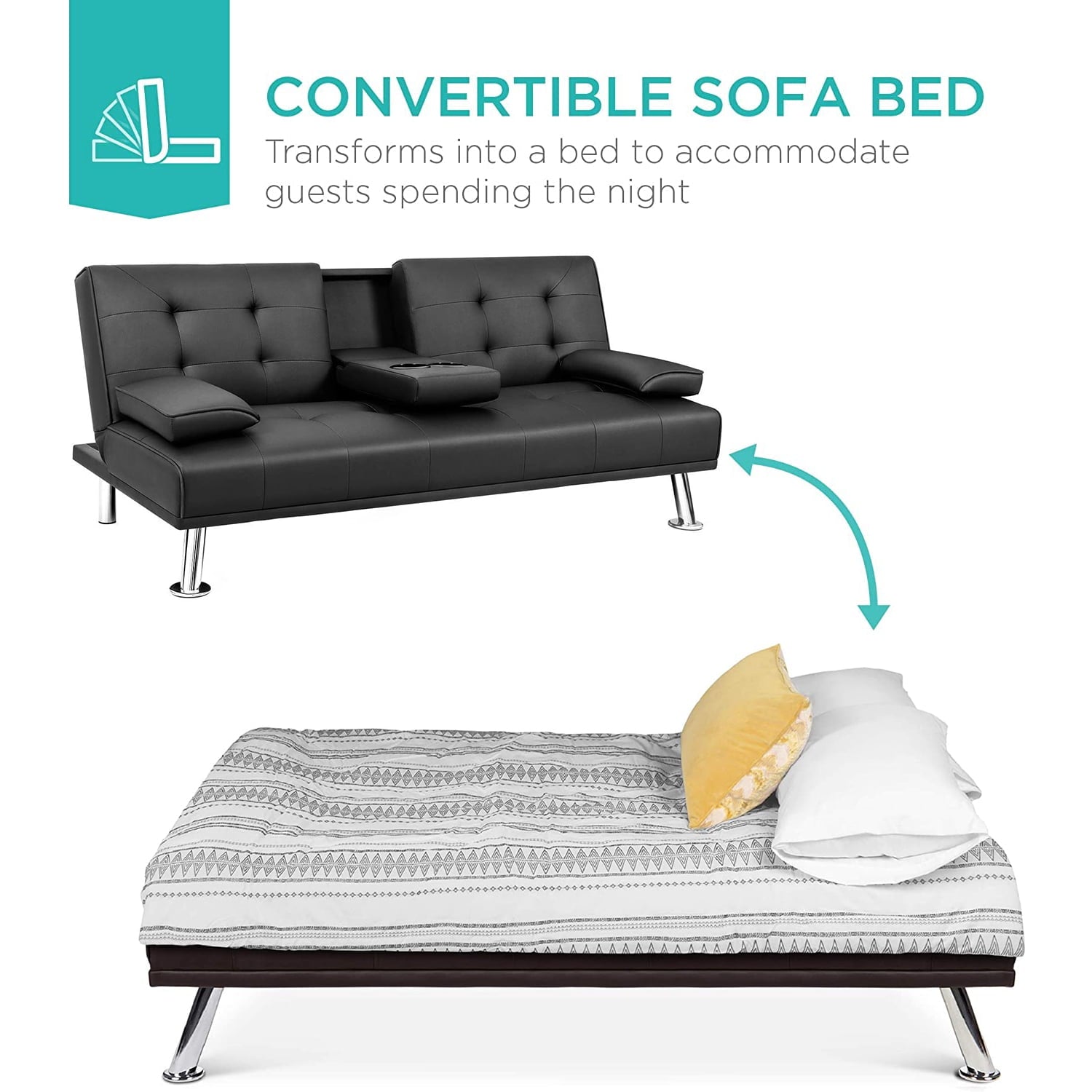 Lacoo Modern Faux Leather Convertible Futon with Cupholders & Pillows, 65