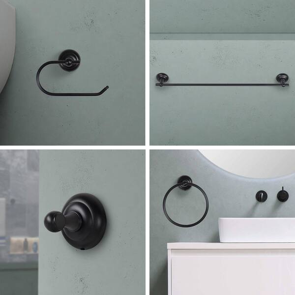 Elsmere 24 in. 3-Light Black Vanity Light, Towel Bar, Towel Ring, Toilet Paper Holder and Towel Hook Bath Set (5-Piece)