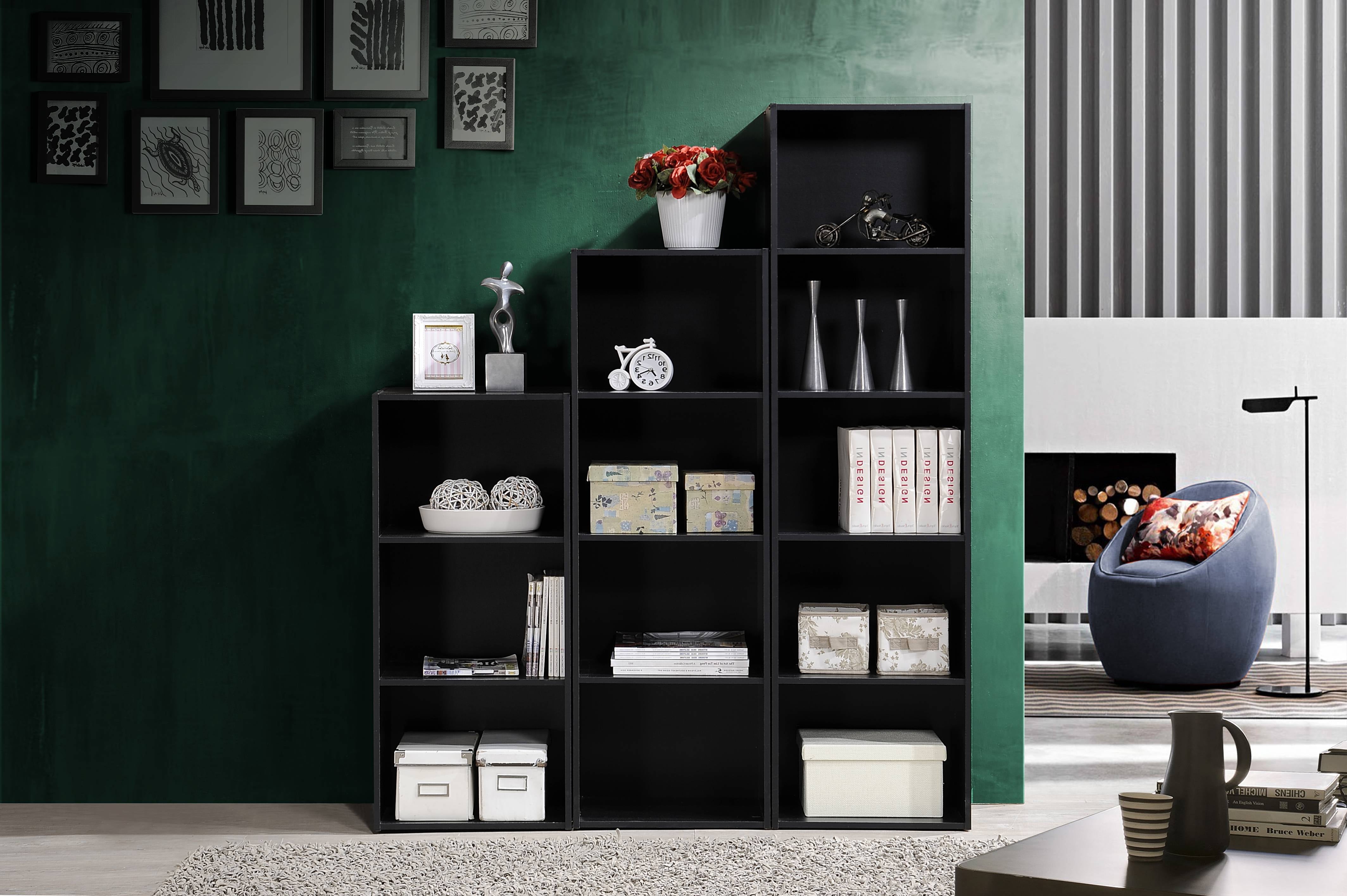 Hodedah 4-Shelf Wood Bookcase, Black