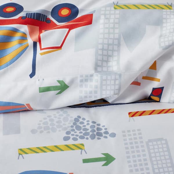 Company Kids Construction Trucks White Multi Organic Cotton Percale Twin/Twin XL Comforter Set