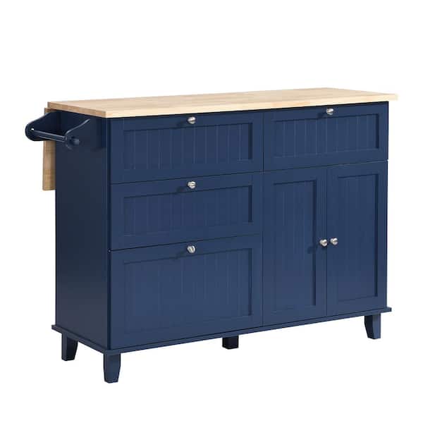 Blue Rubber Wood 50.3 in. W Kitchen Island with Drop-Leaf, 2 Dining Stools, 4-Drawer, 2-Door Cabinet and Towel Holder