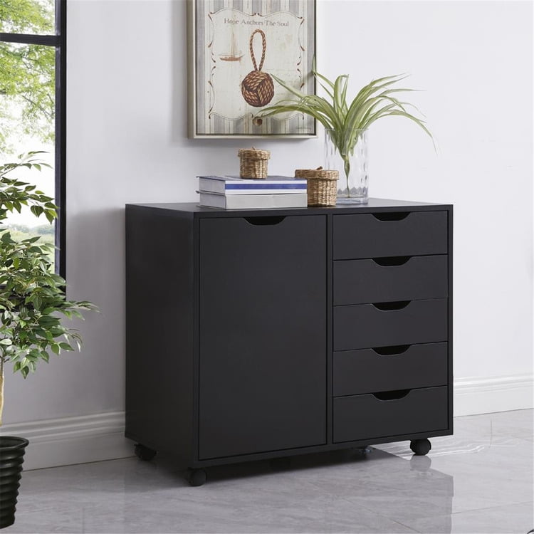 5 Drawer Dresser, Tall Dressers for Bedroom, Kids Dresser with Wheels, Storage Shelves with Drawers, Small Dresser for Closet, Makeup Dresser with 180 lbs Capacity - Black