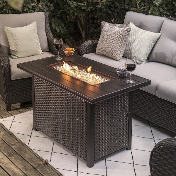 Brown 43 in. 50000 BTU Rectangular Wicker Aluminum Propane Gas Outdoor Fire Pit Table with Removable Lid Fire Glass