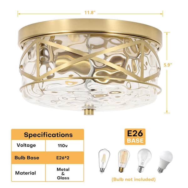 12 in. 2-Light Brass Gold Flush Mount Water Ripple Glass Ceiling Light with Metal Frame
