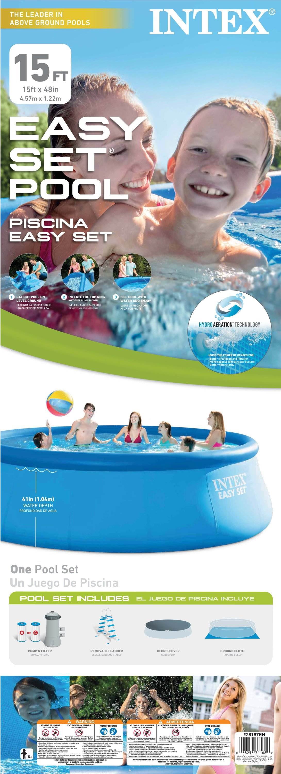 Intex 15ft x 48in Easy Set Above Ground Inflatable Pool w/ Pump and Solar Cover