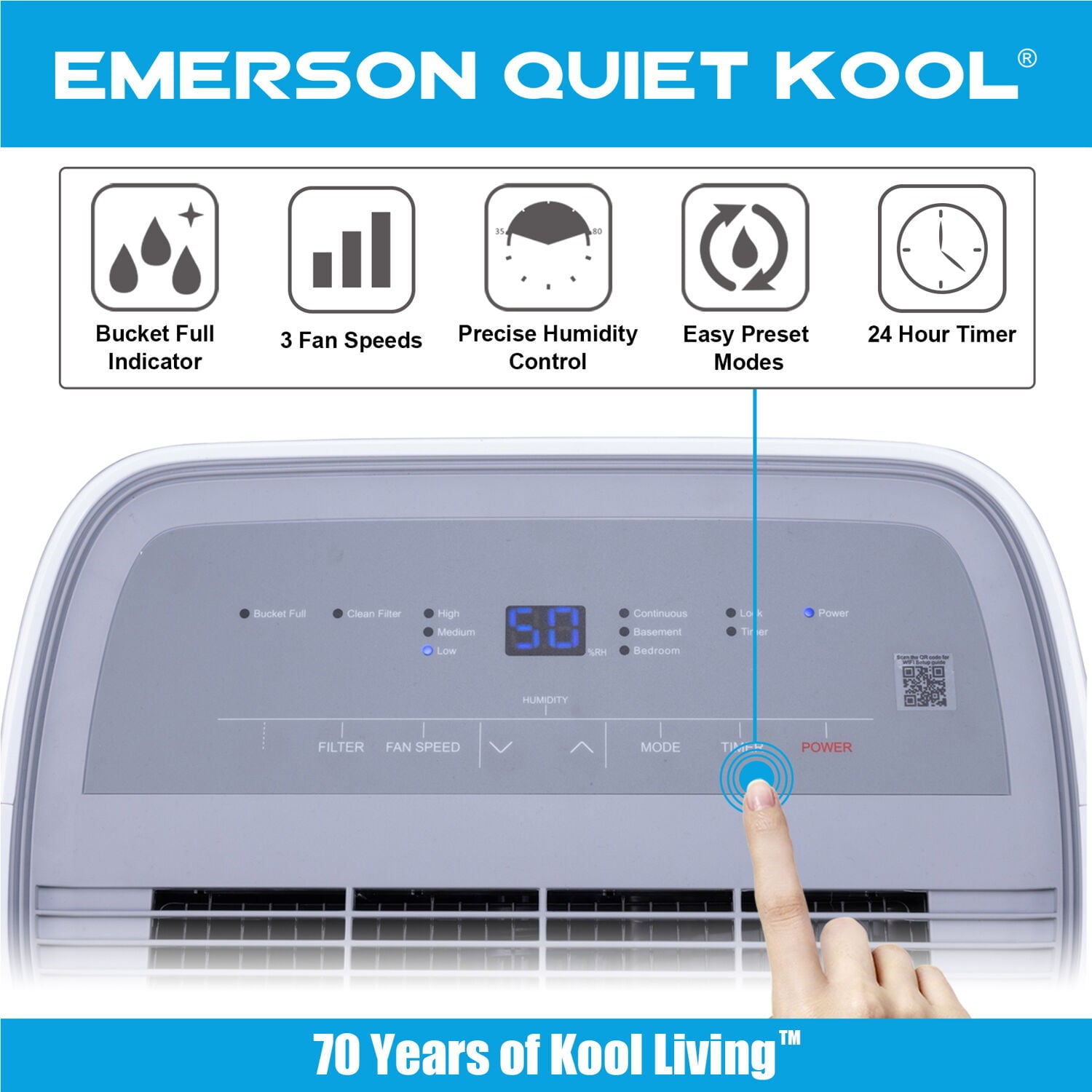 Emerson Quiet Kool 20 Pint Smart Dehumidifier in White with Wi-Fi, Voice Control