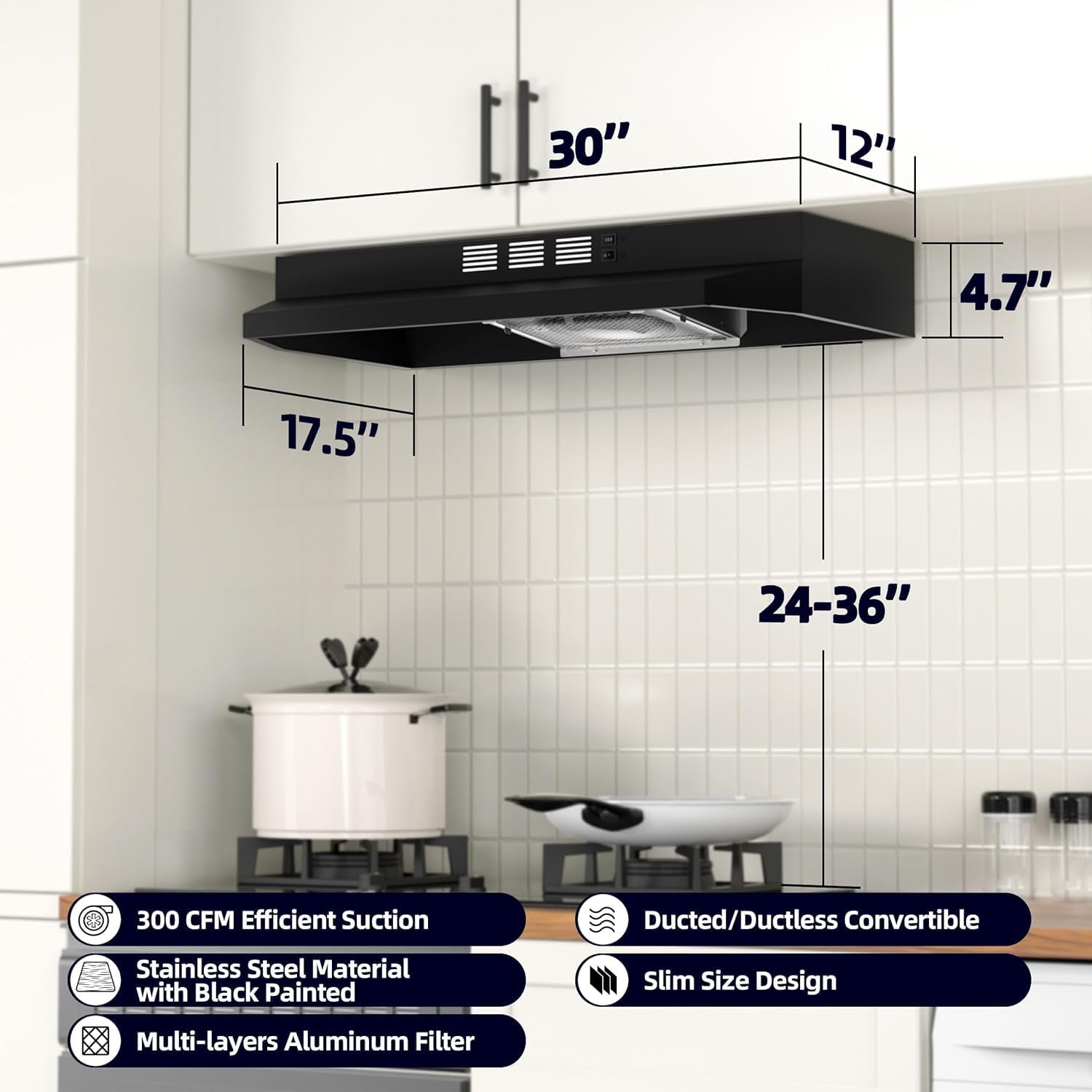 FIREGAS Black Range Hood 30 inch Under Cabinet Range Hood with 2 Speed Exhaust Fan,Ducted/Ductless Convertible,Rocker Button Control,300 CFM,Aluminum Filter